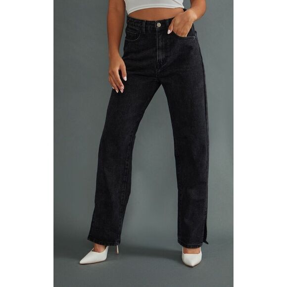 Pretty Little Thing Black Straight Leg Split Hem Jeans NEW NWT - Picture 2 of 10